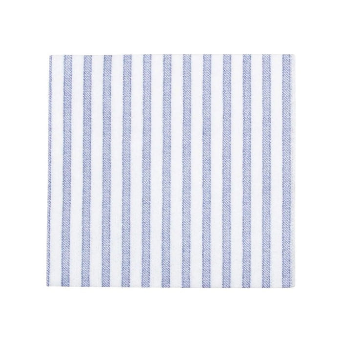 The VIETRI - CAPRI COCKTAIL NAPKIN, BLUE features a square white fabric with evenly spaced vertical blue stripes—an absorbent and stylish choice for any table setting from VIETRI.