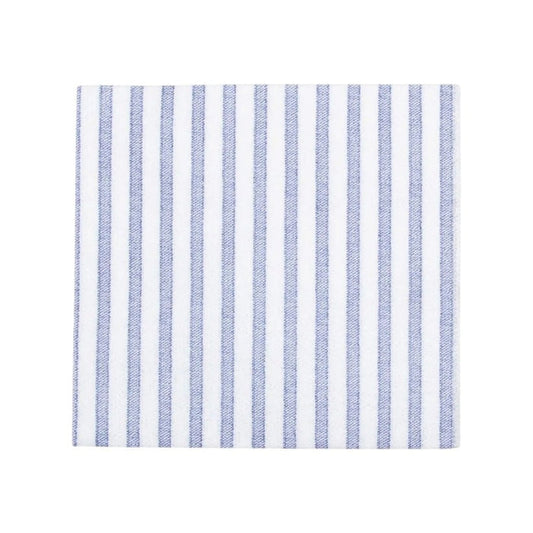 The VIETRI - CAPRI COCKTAIL NAPKIN, BLUE features a square white fabric with evenly spaced vertical blue stripes—an absorbent and stylish choice for any table setting from VIETRI.