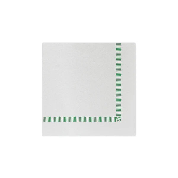 The VIETRI Fringe Cocktail Napkin is a plain white square with a thin, double-lined blue striped border on one corner. Crafted from soft spunlace, this elegant piece is perfect for any setting and beautifully centered on a white background.