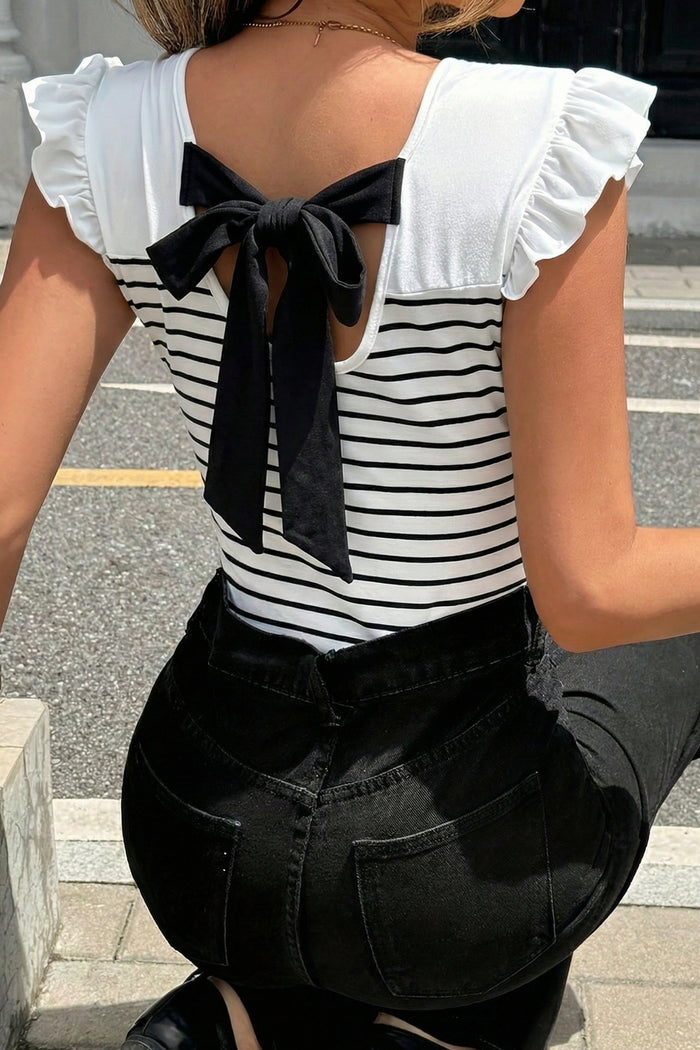 White Stripe Contrast Knot Back Ruffle Trim Tank Top 🇺🇸