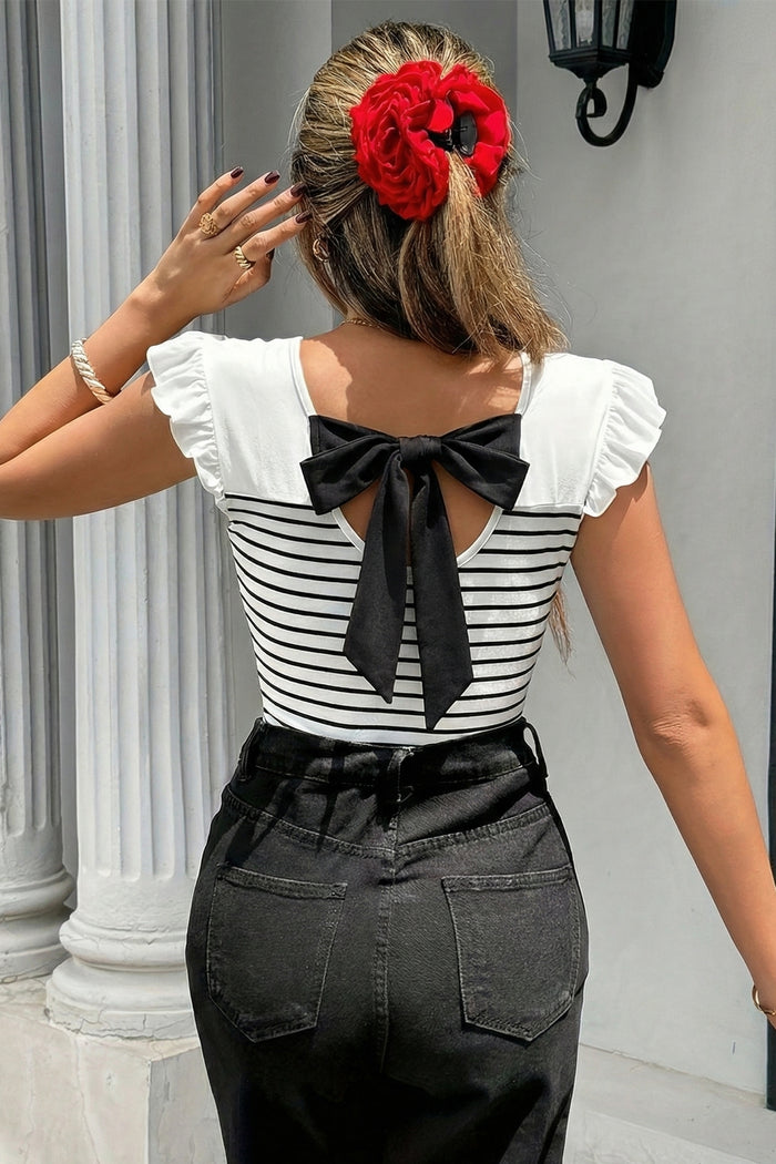 White Stripe Contrast Knot Back Ruffle Trim Tank Top 🇺🇸