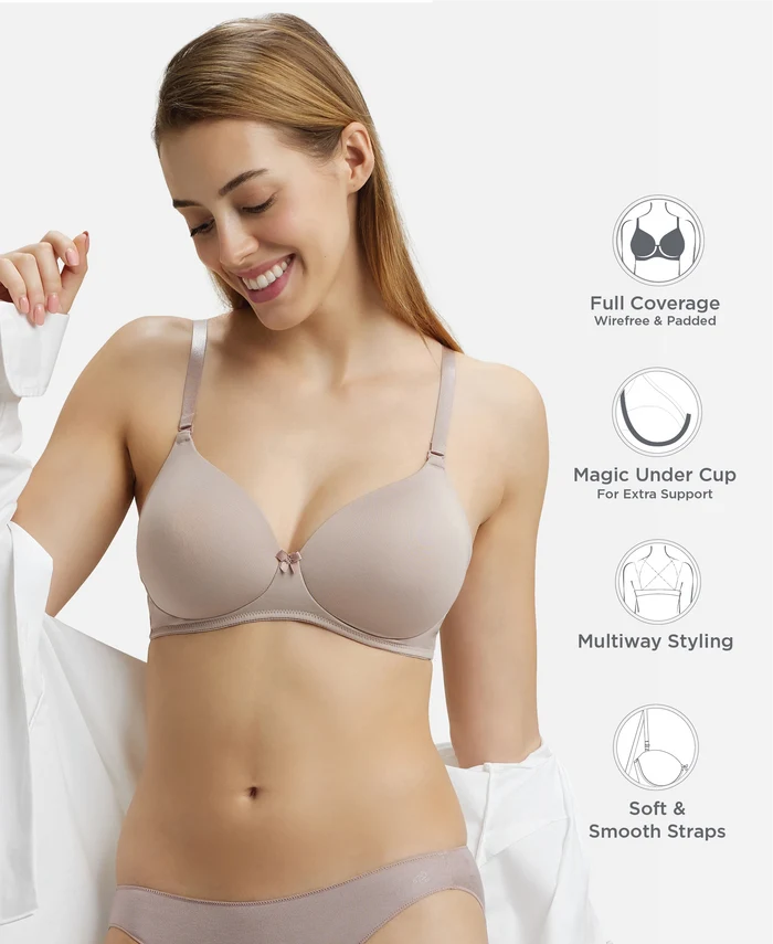 Wirefree Padded Microfiber Elastane Stretch Full Coverage T-Shirt Bra with Magic Under Cup - Mocha