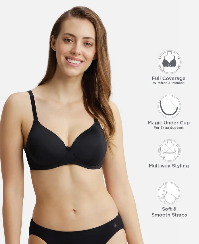 Wirefree Padded Microfiber Elastane Stretch Full Coverage T-Shirt Bra with Magic Under Cup - Black