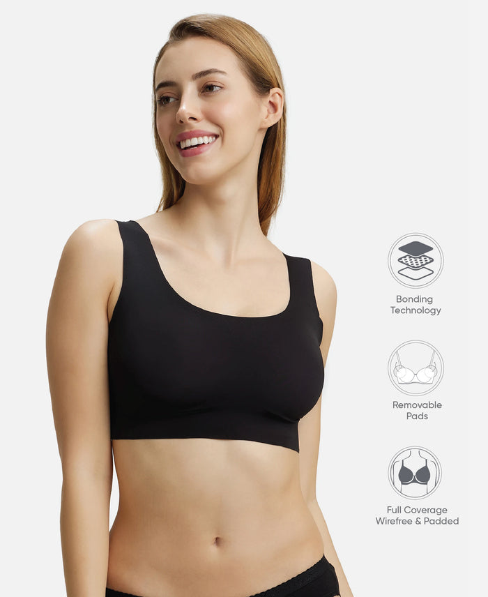 Wirefree Padded Soft touch Microfiber Elastane Bonded Tech Full Coverage Lounge Bra with 360 Degree Stretch - Black