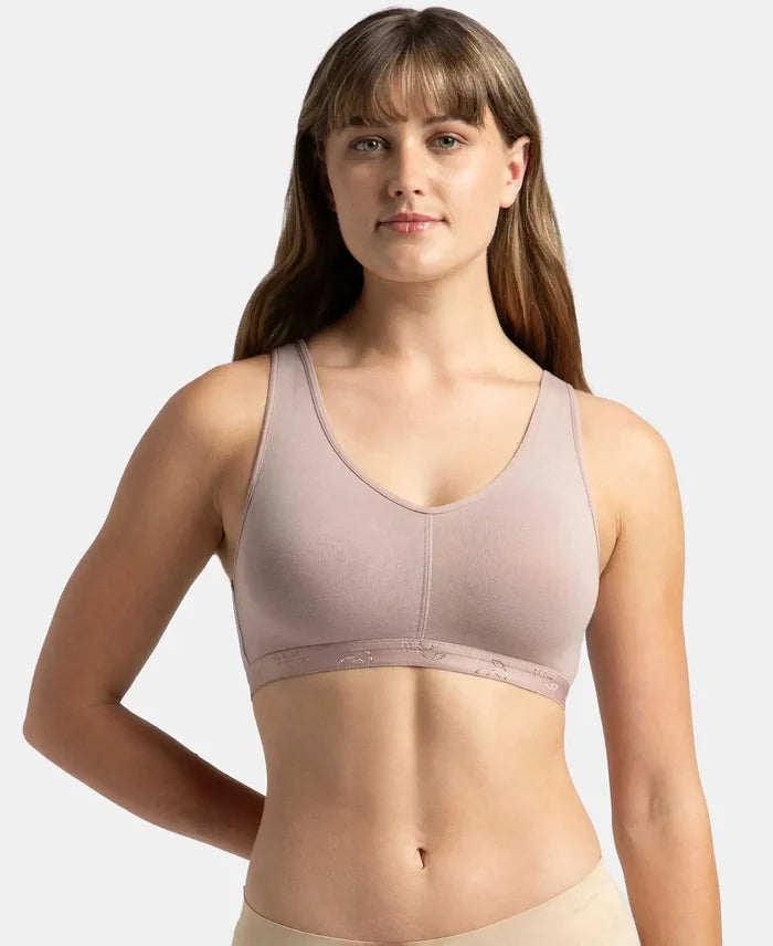 Wirefree Padded Super Combed Cotton Elastane Stretch Full Coverage Lounge and Sleep Bra with Removable Pads - Mocha
