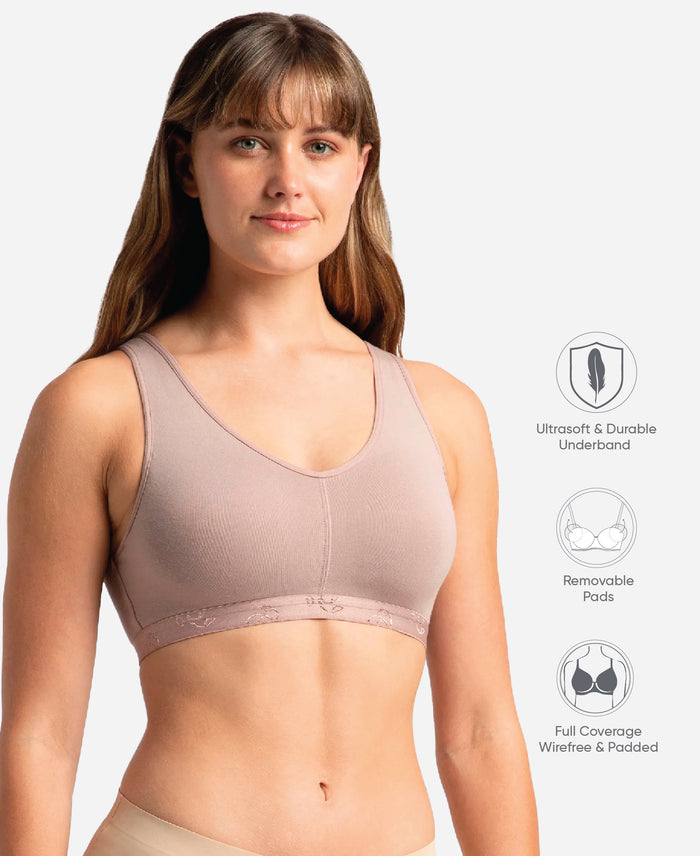Wirefree Padded Super Combed Cotton Elastane Stretch Full Coverage Lounge and Sleep Bra with Removable Pads - Mocha