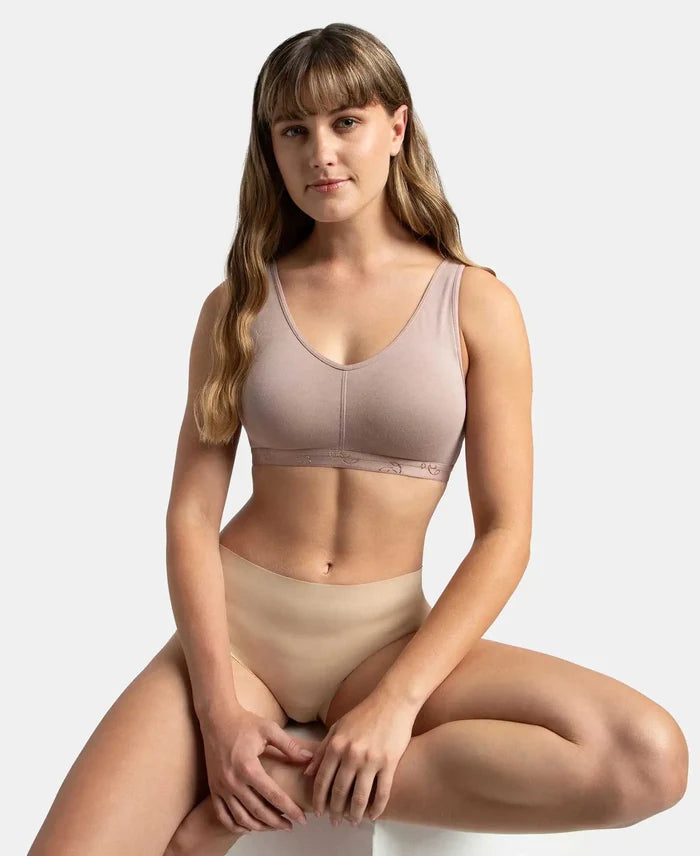 Wirefree Padded Super Combed Cotton Elastane Stretch Full Coverage Lounge and Sleep Bra with Removable Pads - Mocha