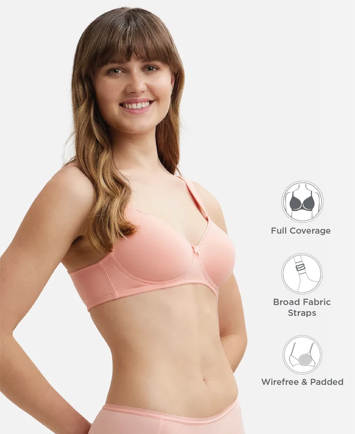 Wirefree Padded Super Combed Cotton Elastane Stretch Full Coverage T-Shirt Bra with Broad Fabric Straps - Candlelight Peach