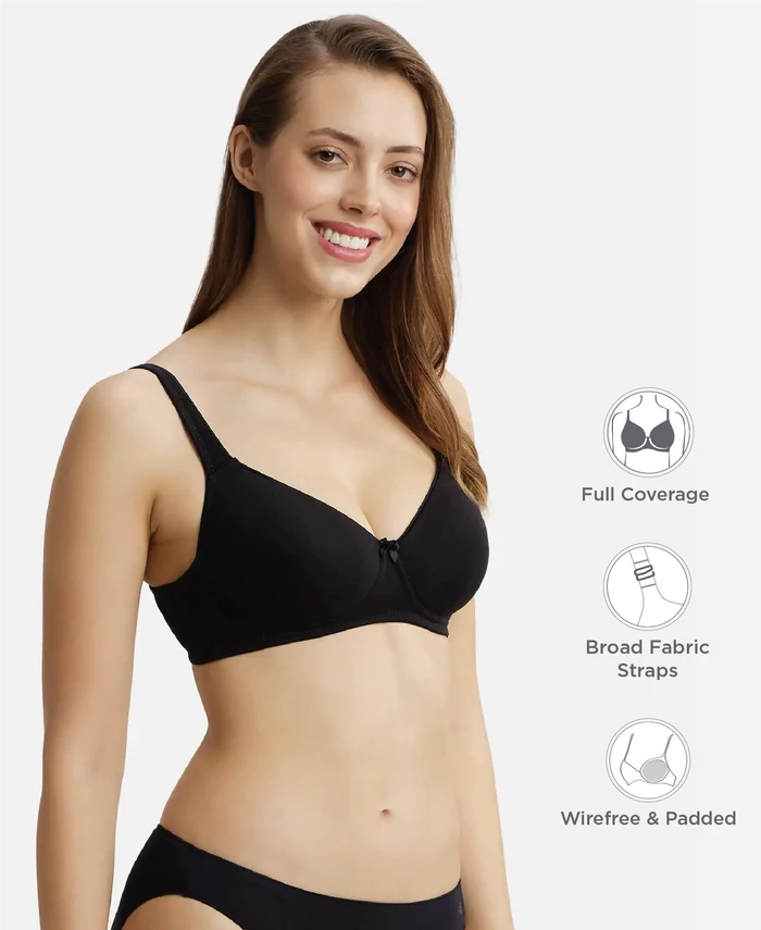 Wirefree Padded Super Combed Cotton Elastane Stretch Full Coverage T-Shirt Bra with Broad Fabric Straps - Black