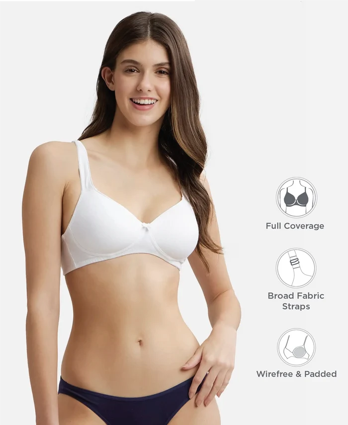 Wirefree Padded Super Combed Cotton Elastane Stretch Full Coverage T-Shirt Bra with Broad Fabric Straps - White