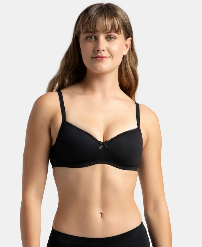Wirefree Padded Super Combed Cotton Elastane Stretch Medium Coverage T-Shirt Bra with Lace Styling - Black
