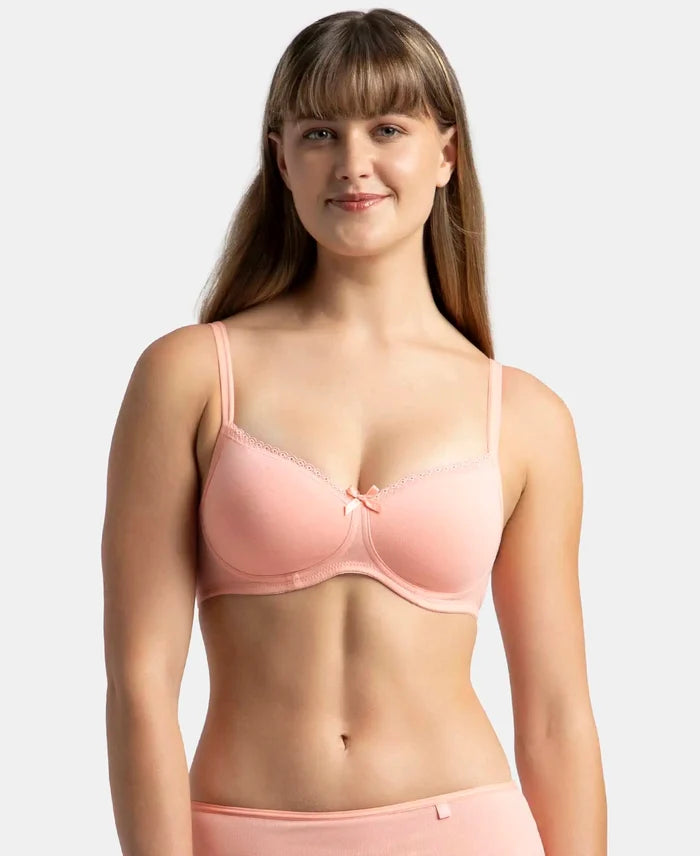 Wirefree Padded Super Combed Cotton Elastane Stretch Medium Coverage T-Shirt Bra with Lace Styling - Candlelight Peach