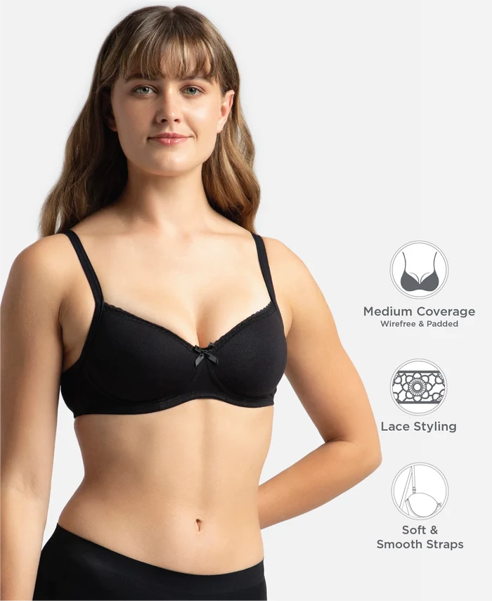 Wirefree Padded Super Combed Cotton Elastane Stretch Medium Coverage T-Shirt Bra with Lace Styling - Black