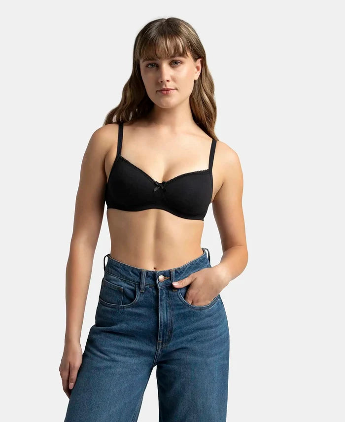 Wirefree Padded Super Combed Cotton Elastane Stretch Medium Coverage T-Shirt Bra with Lace Styling - Black