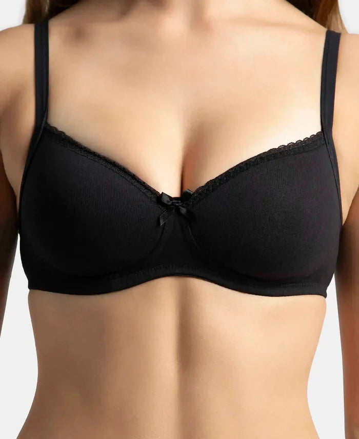 Wirefree Padded Super Combed Cotton Elastane Stretch Medium Coverage T-Shirt Bra with Lace Styling - Black