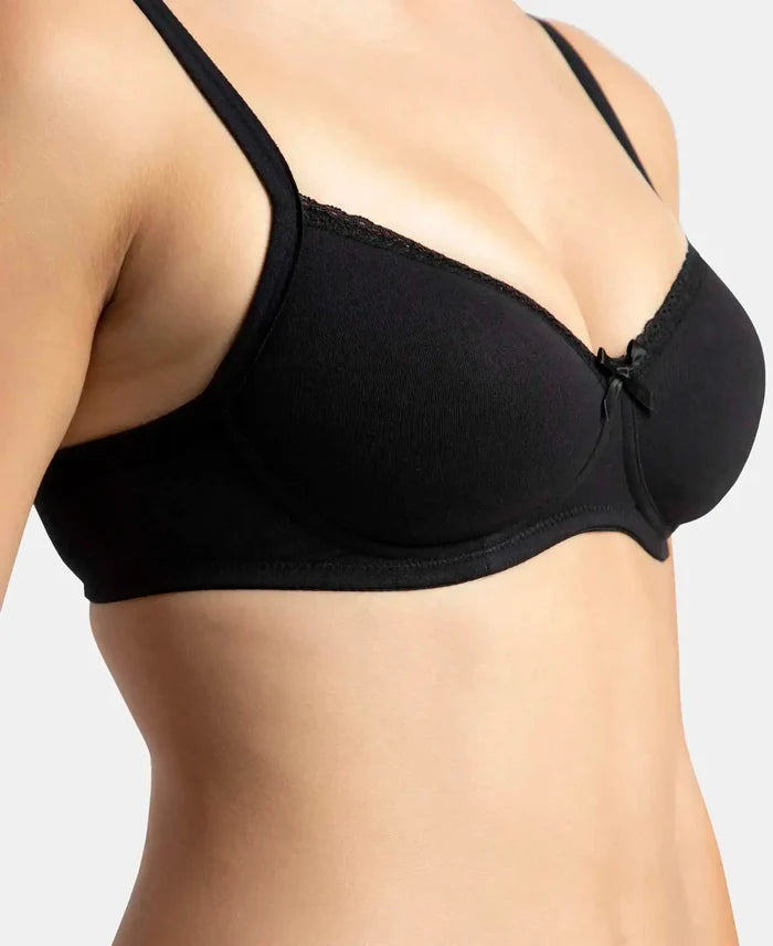 Wirefree Padded Super Combed Cotton Elastane Stretch Medium Coverage T-Shirt Bra with Lace Styling - Black