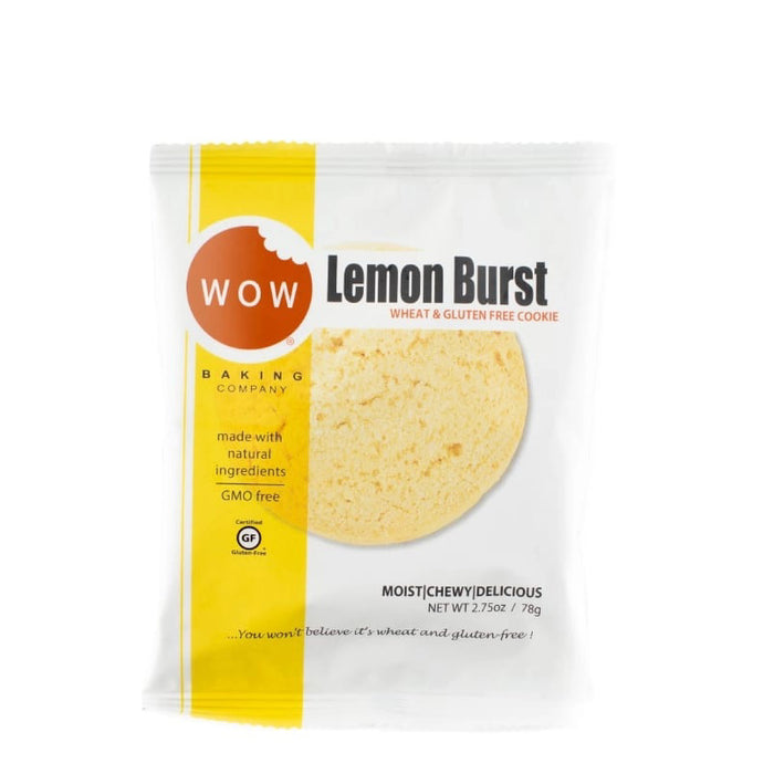 The WOW BAKING COMPANY GLUTEN FREE LEMON BURST COOKIE is wheat-free, gluten-free, GMO free, and made with natural ingredients. Its mostly white wrapper with yellow accents highlights this delicious gluten-free snack.