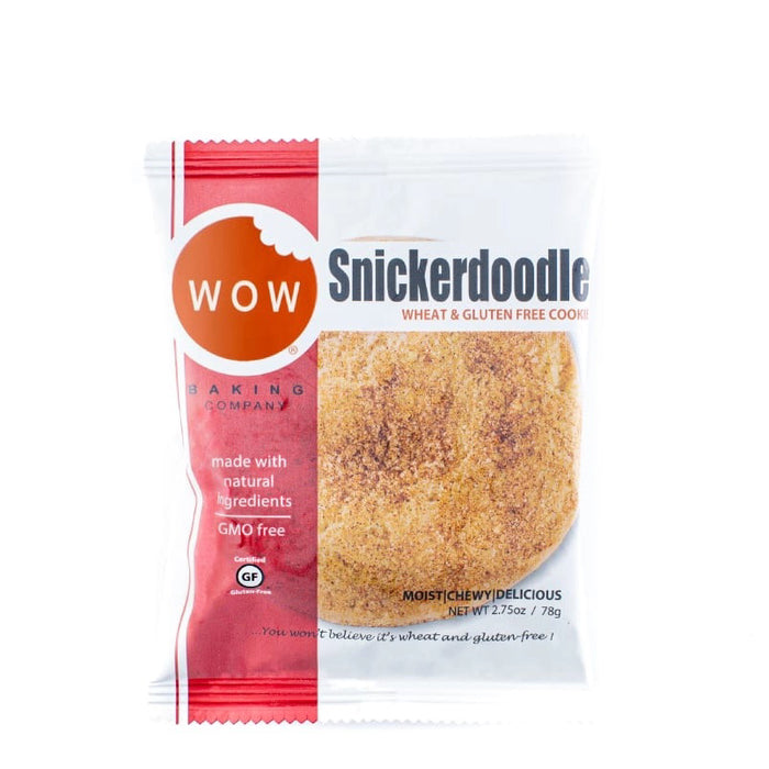 A WOW BAKING COMPANY Gluten Free Snickerdoodle Cookie, made with natural ingredients, cinnamon, and sugar, is visible through a clear wrapper highlighting its wheat free and GMO free status.