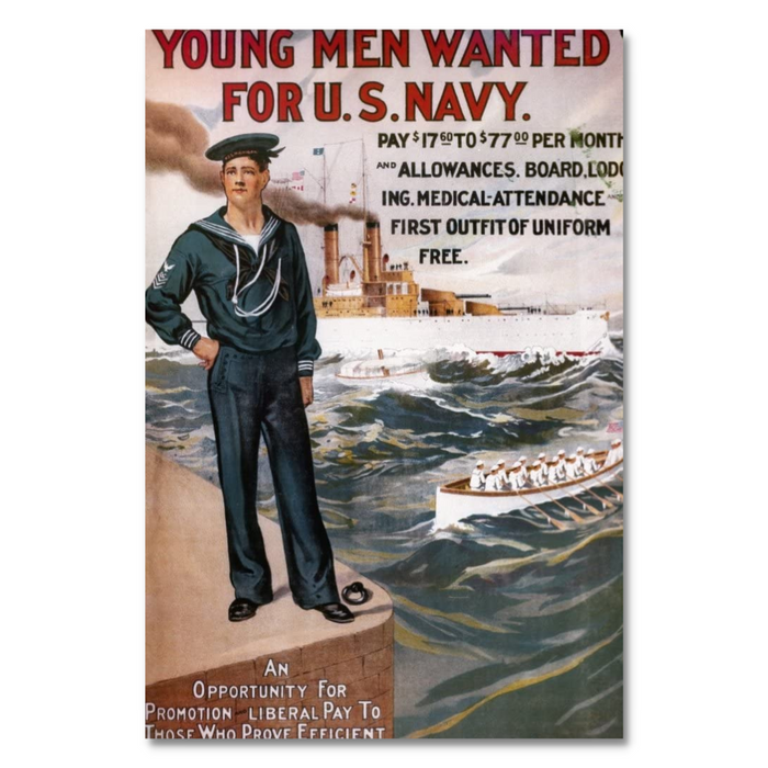 This vintage 1917 U.S. Navy recruitment poster reads Young Men Wanted for US Navy. It showcases a sailor standing on a brick wall, ship in the distance, and crew rowing. The text emphasizes enticing pay, allowances, and benefits for young men.