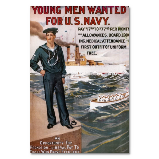 This vintage 1917 U.S. Navy recruitment poster reads Young Men Wanted for US Navy. It showcases a sailor standing on a brick wall, ship in the distance, and crew rowing. The text emphasizes enticing pay, allowances, and benefits for young men.